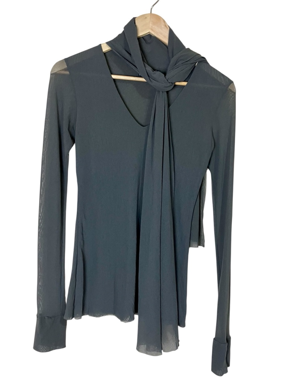 Petit Pois by Viviana G Sheer Gray Mesh Scarf Tie Neck Blouse Size Medium